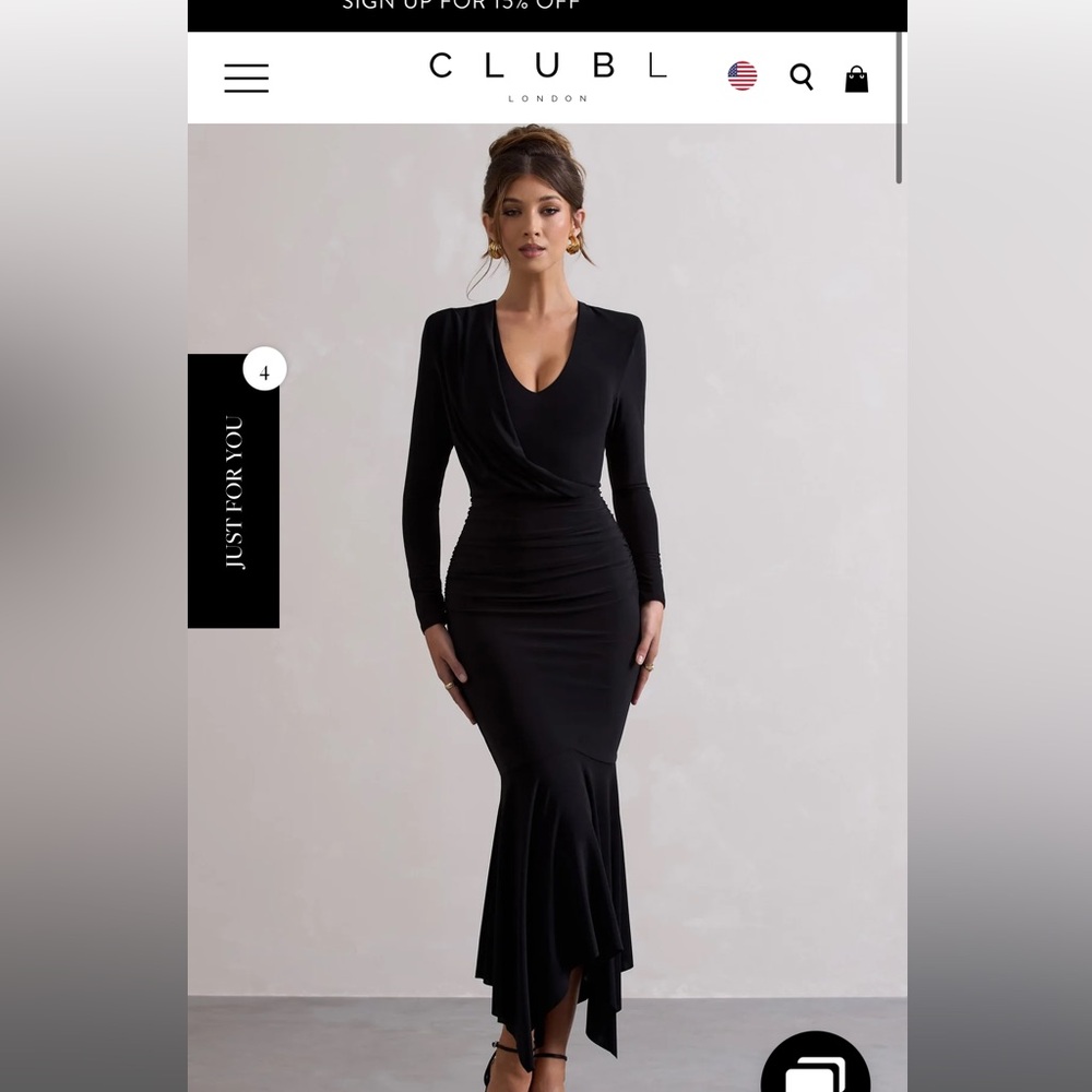 MILENA
BLACK PLUNGE-NECK MAXI DRESS WITH DRAPED HEM LONG SLEEVE